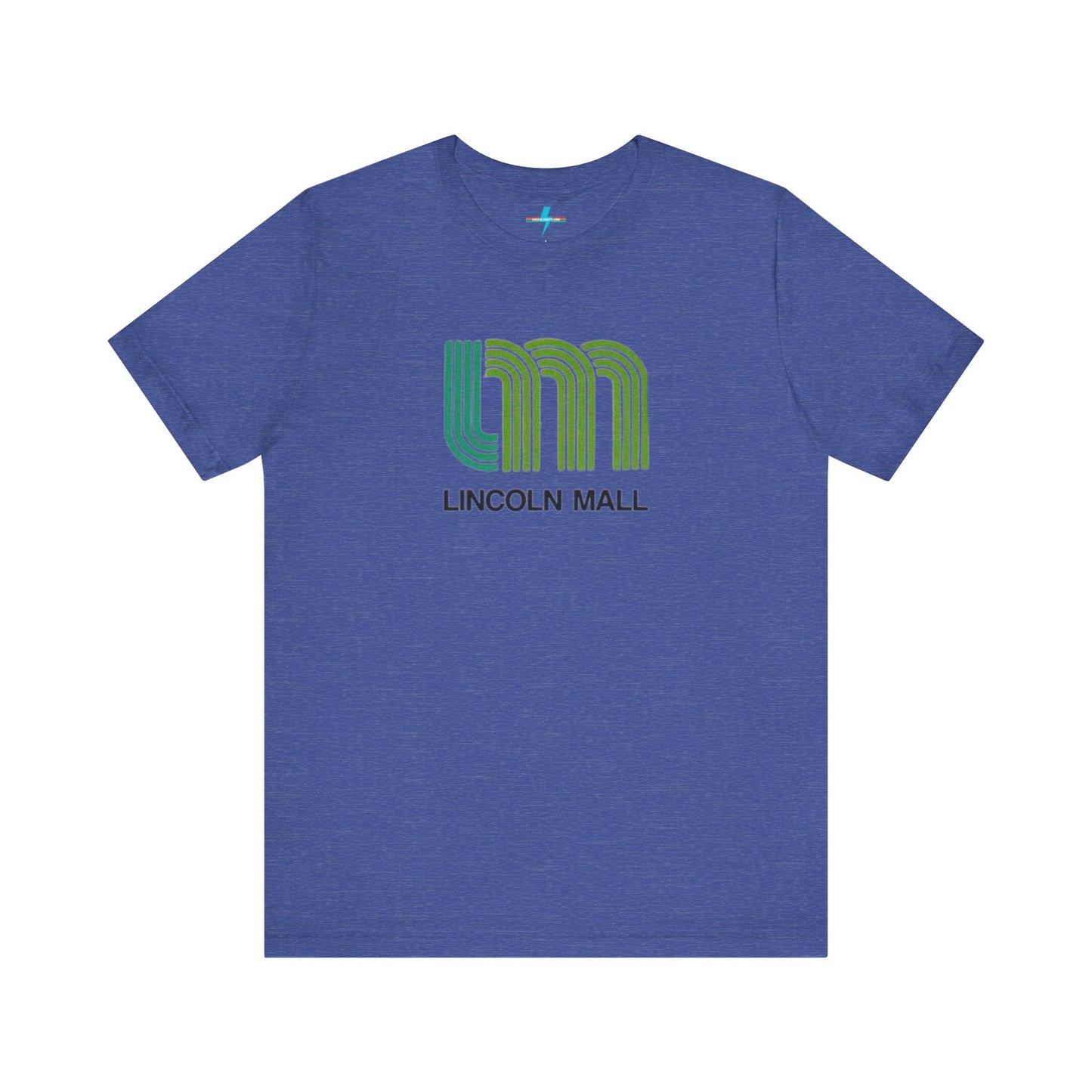 A light green unisex jersey short sleeve tee by Printify features "LINCOLN MALL" written under a retro-styled green and blue curved line design, celebrating the 70s and 80s shopping era in Lincoln Mall Matteson.