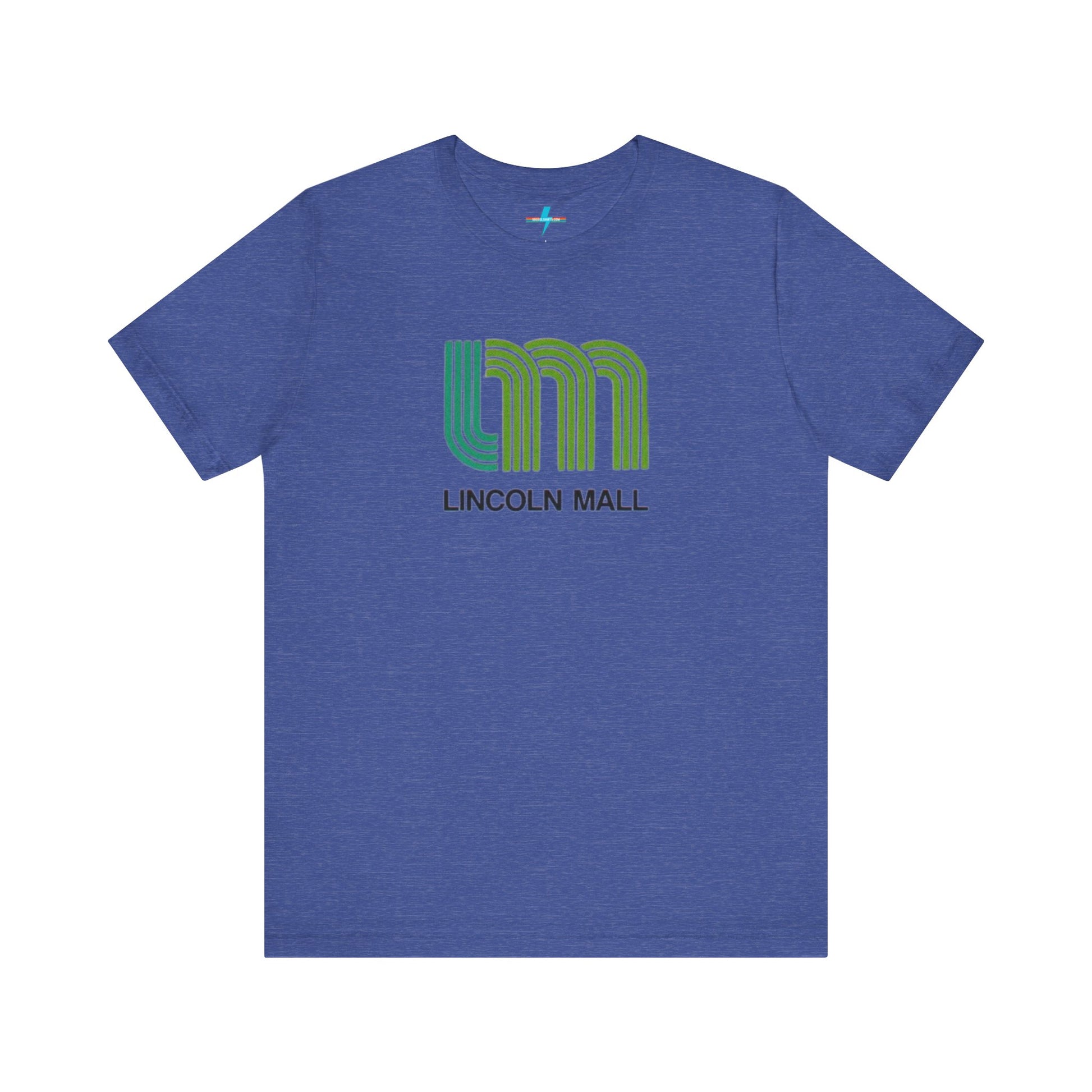 A light green unisex jersey short sleeve tee by Printify features "LINCOLN MALL" written under a retro-styled green and blue curved line design, celebrating the 70s and 80s shopping era in Lincoln Mall Matteson.