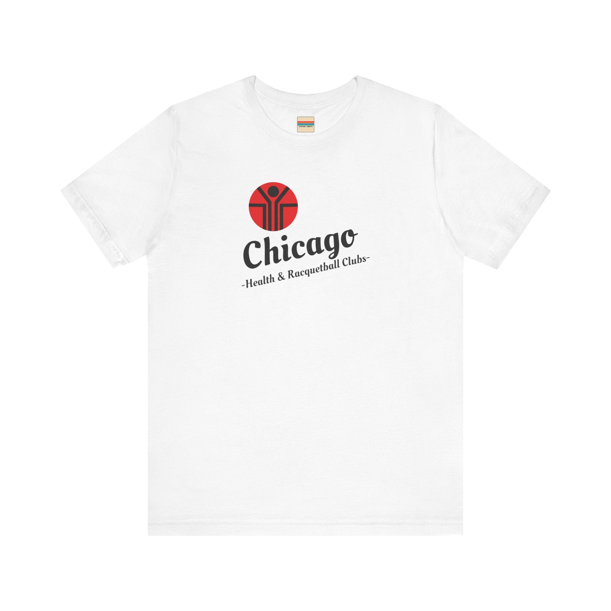 Two gray T-shirts are neatly folded on top of each other, with the top shirt showcasing the text "Chicago Health & Racquetball Clubs" in black below a red logo featuring a person with raised arms inside a circular design. This retro-inspired tee, named "Chicago Health Clubs 1980s Retro - Unisex Jersey Short Sleeve Tee" by Printify, is perfect for any fan of Chicago Health Clubs.