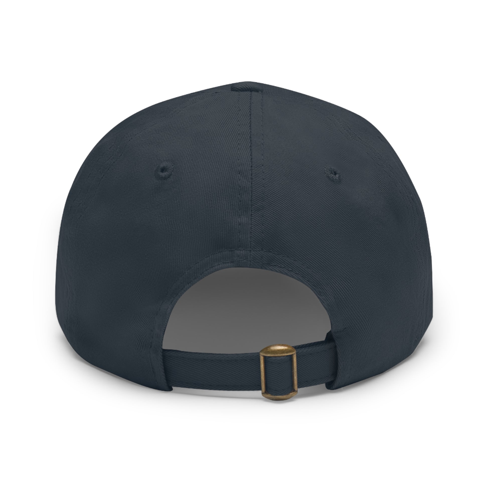 The Printify Dad Hat with Leather Patch (Rectangle) is a black, six-panel low-profile baseball cap made from bio-washed chino twill. This personalized Dad hat features a curved brim, visible stitching details, and a rectangular leather patch on the front that reads "I'm good I'm a pro" in grey text.