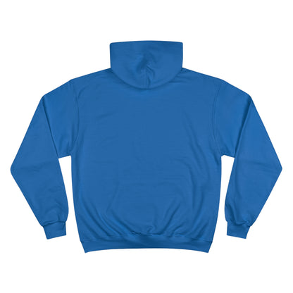 A navy blue Printify Miller Beach Wiffle Ball OG Logo - Sweatshirt, featuring a white wiffle ball graphic on the chest with "Miller Wiffle" in blue beneath it. Made from recycled polyester, this hoodie includes a front pocket, drawstrings, and the Champion logo on the left sleeve. It also offers Double Dry® technology for added comfort.