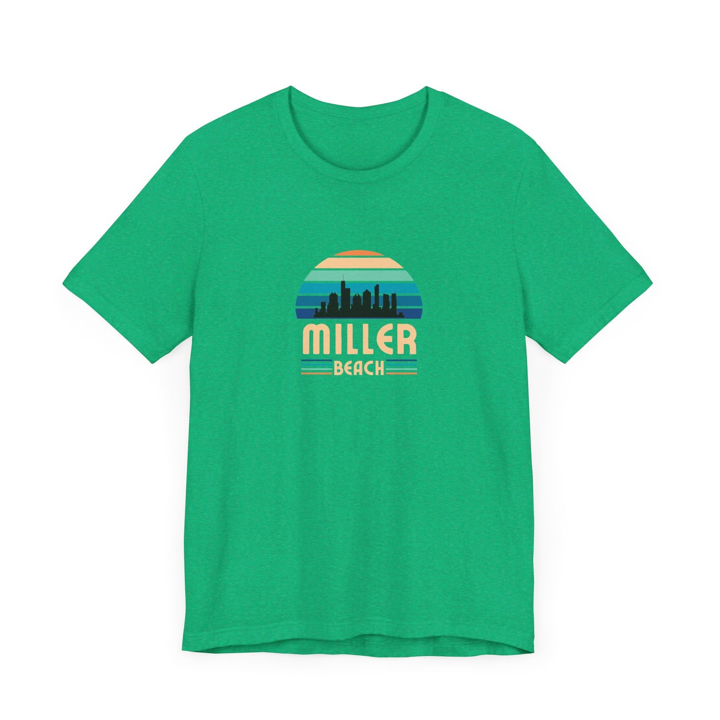 A brown unisex jersey short sleeve tee called "Miller Beach Chicago Skyline" from Printify features a vintage-style design with a sunset, the Chicago skyline, and "Miller Beach" in bold letters. The design incorporates shades of blue, orange, and yellow and is displayed against a plain white background.