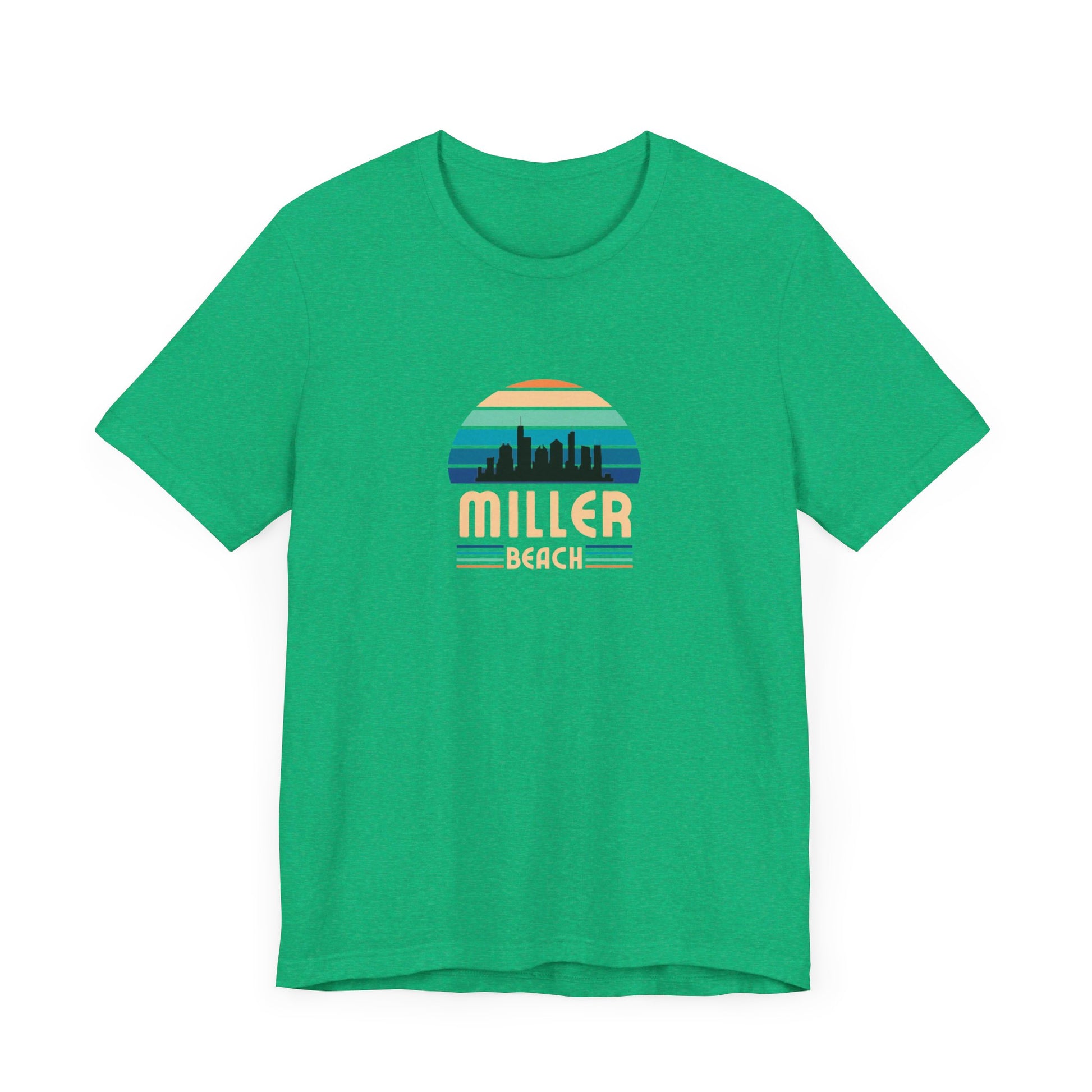 A brown unisex jersey short sleeve tee called "Miller Beach Chicago Skyline" from Printify features a vintage-style design with a sunset, the Chicago skyline, and "Miller Beach" in bold letters. The design incorporates shades of blue, orange, and yellow and is displayed against a plain white background.