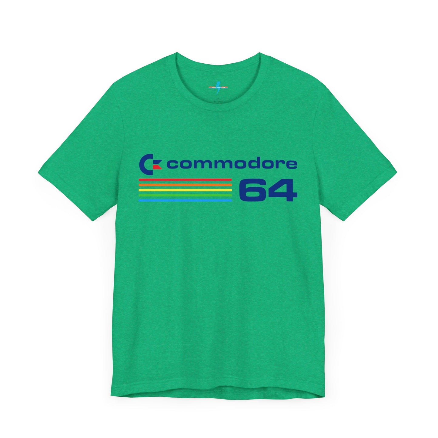 The 1980s Commodore 64 Computer C64 Unisex Jersey Short Sleeve Tee from Printify features a green T-shirt adorned with a vintage design showcasing the text "Commodore 64" and multicolored horizontal lines next to it. The word "Commodore" is emblazoned in blue alongside the Commodore logo, while the number "64" is also highlighted in blue on the right. Ideal for any retro tech enthusiast, this shirt is displayed against a white background.