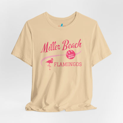 Printify offers the Miller Beach Flamingos WWBC - Unisex Jersey Short Sleeve Tee, featuring a light pink T-Shirt adorned with "Miller Beach Flamingos" and a volleyball graphic in pink. This design also includes an illustration of a flamingo, celebrating their participation in the World Wiffel Ball Championship. The shirt is showcased against a minimalist, white backdrop.