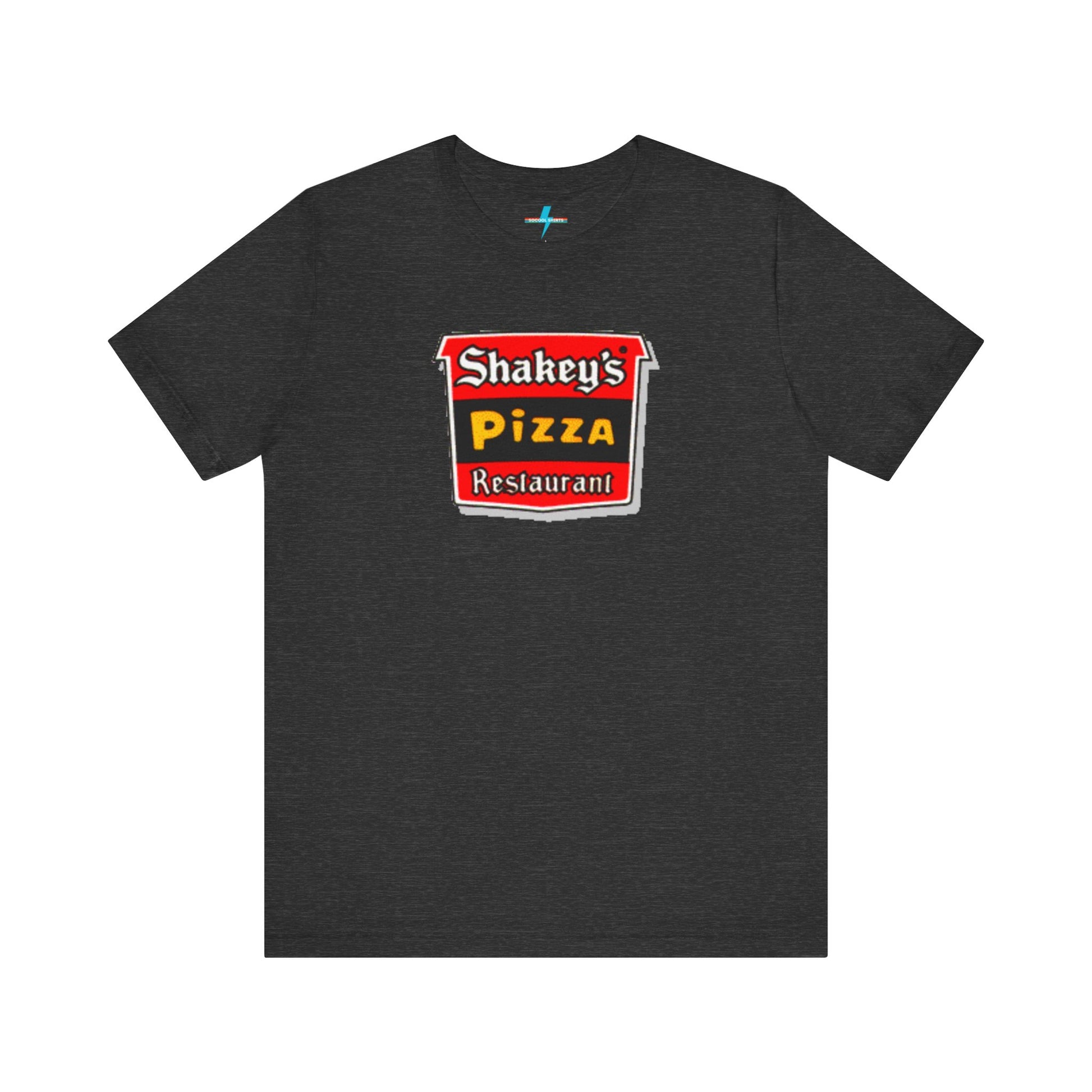 A black Shakey's Pizza - 1980s Retro Logo - Unisex T-Shirt by Printify hangs against a white background. The shirt features a colorful graphic with the text "Shakey's Pizza Restaurant" in white, yellow, and black lettering on a red background, resembling vintage pizza joints signage. This retro tee brings nostalgic vibes of classic pizzerias.