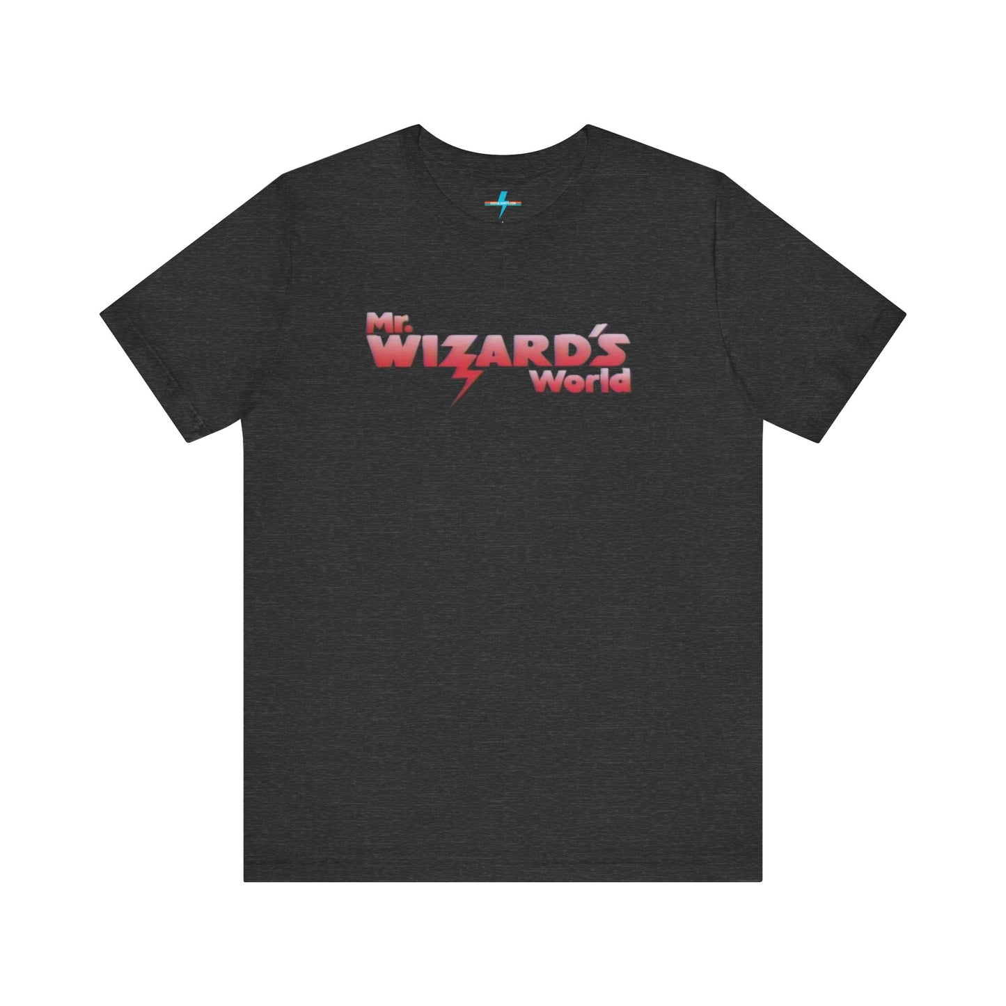 A purple Mr. Wizard's World T-shirt from Printify, featuring bold gradient red and white text with a lightning bolt through the letter "A" in "Wizard." Ideal for science enthusiasts and fans of the iconic 1980s Nickelodeon show, this unisex jersey short sleeve tee is displayed against a plain white background.