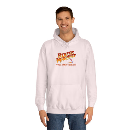 Introducing the "Reefer Madness - A Miller Community Theatre Joint" hoodie by Printify—a green hoodie with "Reefer Madness The Musical" displayed in bold, colorful font. Beneath it, the phrase "A very scary trip!" is featured. This hoodie is ideal for fans of the Miller Community Theatre production and comes with a front pocket and a drawstring hood.