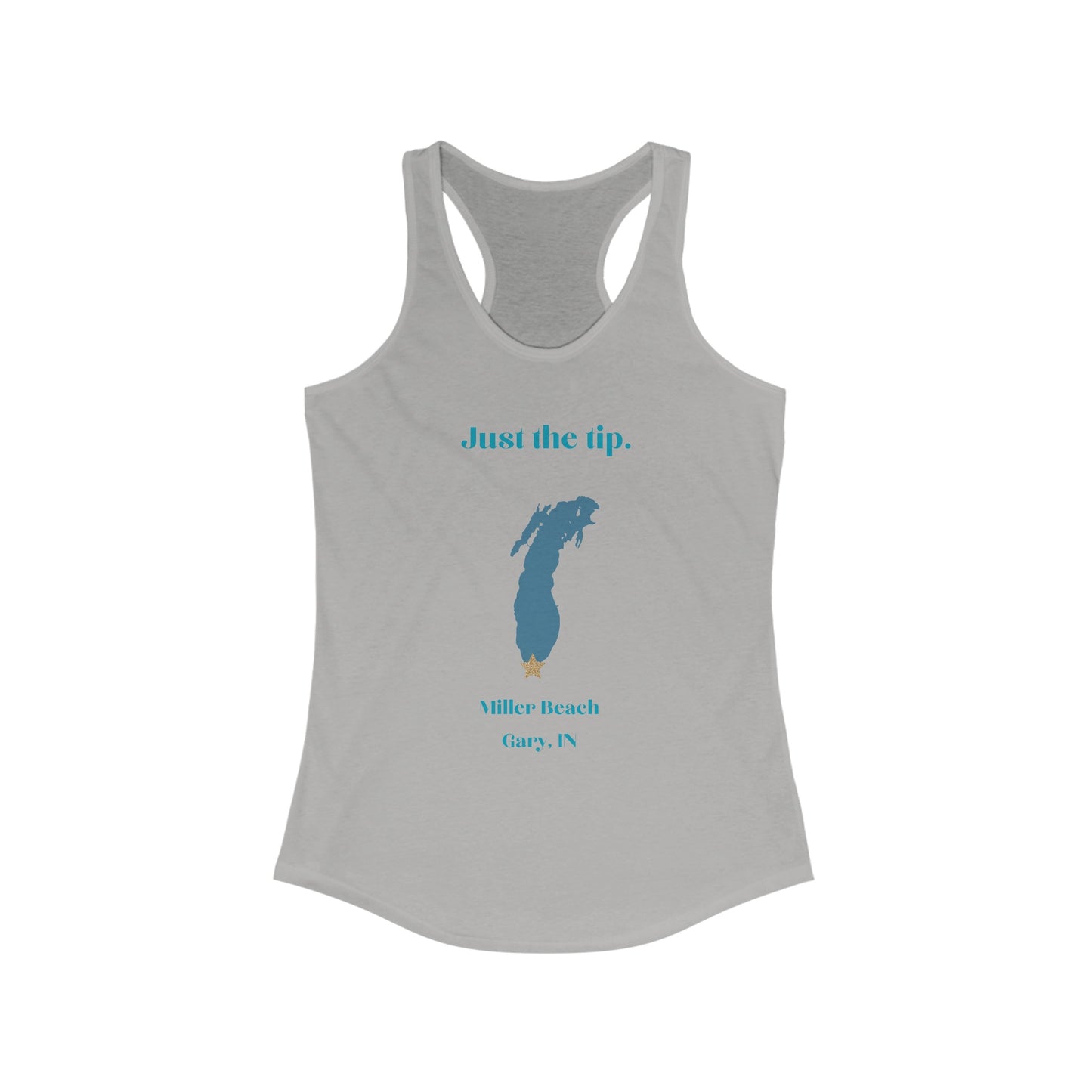 The Printify Just the Tip - Miller Beach - Women's Ideal Racerback Tank in navy blue showcases a light blue silhouette of Michigan's Lower Peninsula with a small gold star near the southern tip. Above the silhouette, it bears the text "Just the tip," while below it reads "Miller Beach, Gary, IN." It is crafted from lightweight breathable fabric to ensure ultimate comfort.