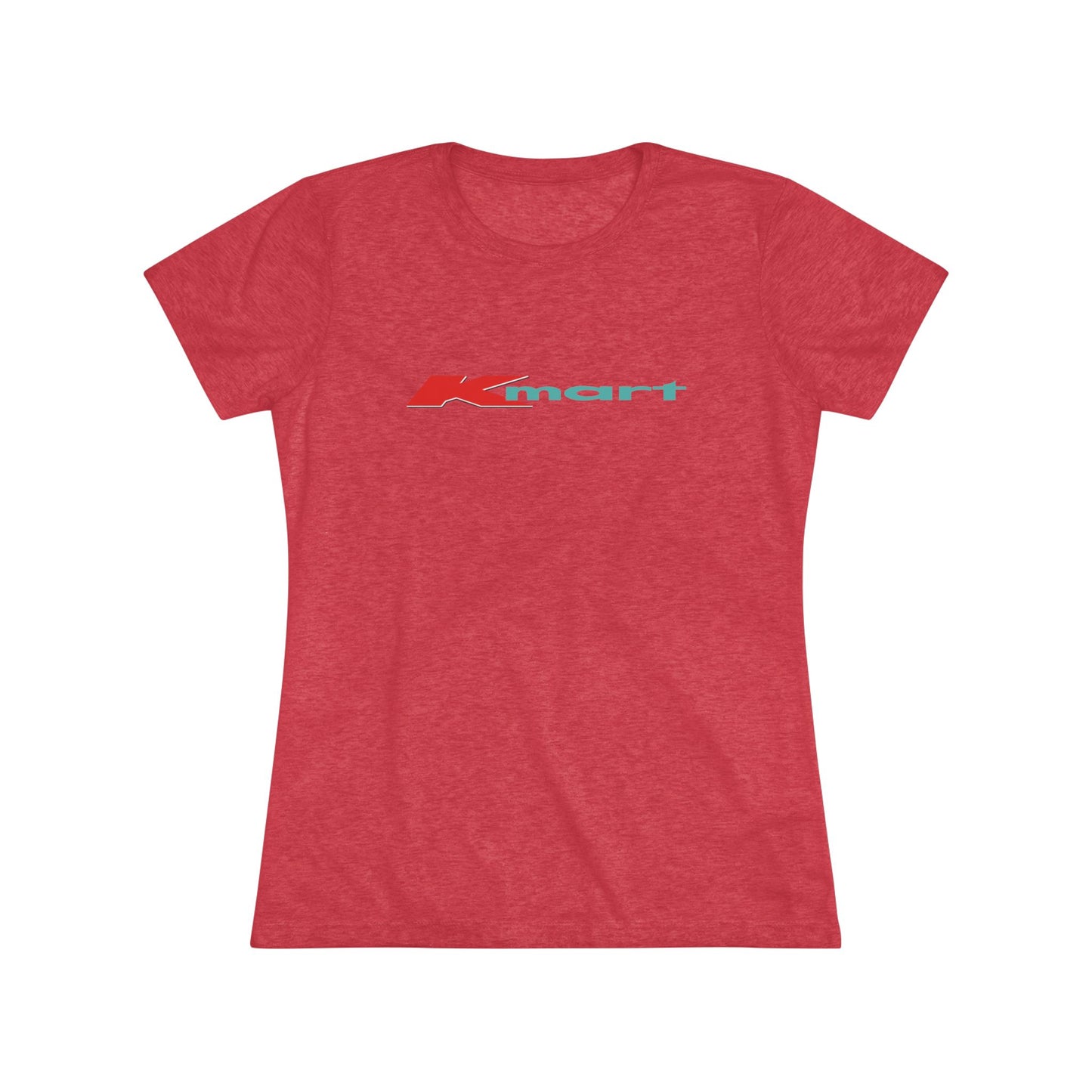 A women's triblend tee by Printify in light gray, featuring a casual and minimalist design that captures the essence of vintage style with a centered 1980s Retro Kmart logo on the front.