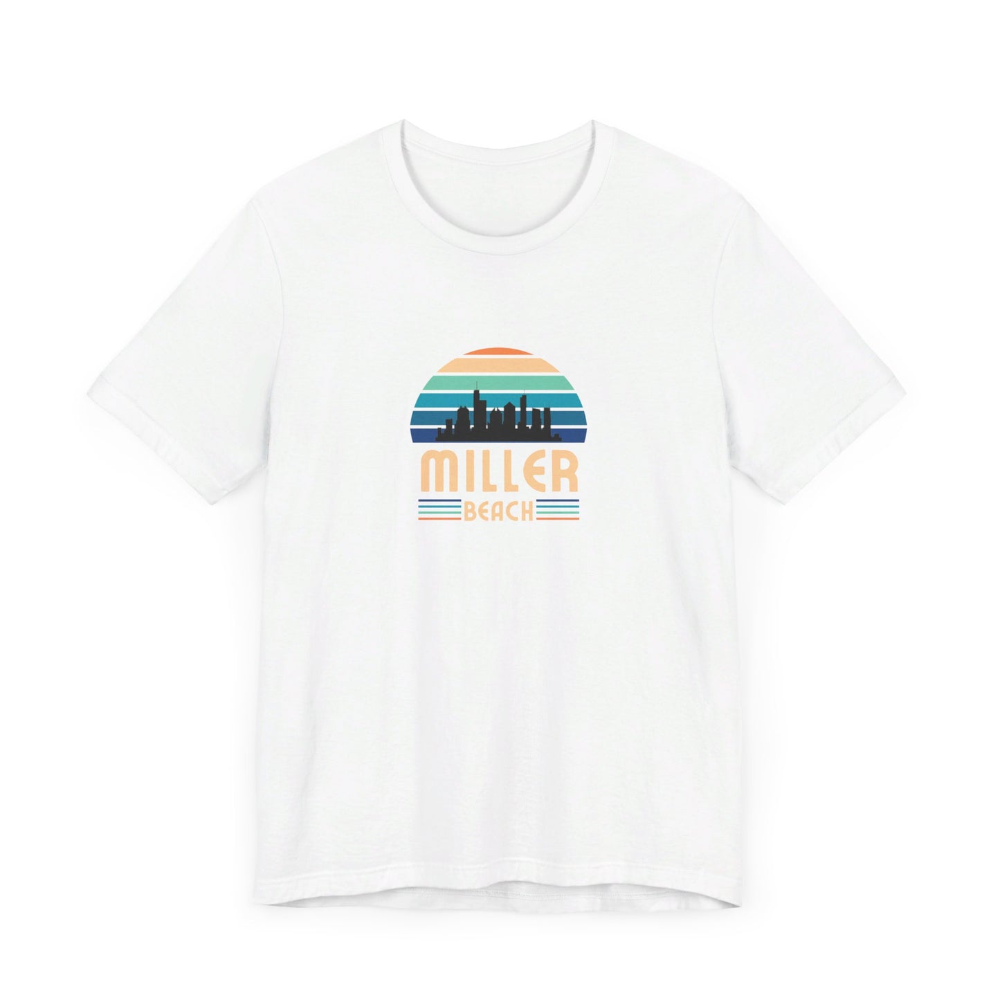 A brown unisex jersey short sleeve tee called "Miller Beach Chicago Skyline" from Printify features a vintage-style design with a sunset, the Chicago skyline, and "Miller Beach" in bold letters. The design incorporates shades of blue, orange, and yellow and is displayed against a plain white background.