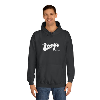 The Loop 97.9 Chicago Radio 1980s Hoodie by Printify showcases "The Loop 97.9" in striking white letters along with the iconic logo on the front. This essential piece for fans of the legendary Chicago rock radio station also features a handy front pocket and a drawstring hood.