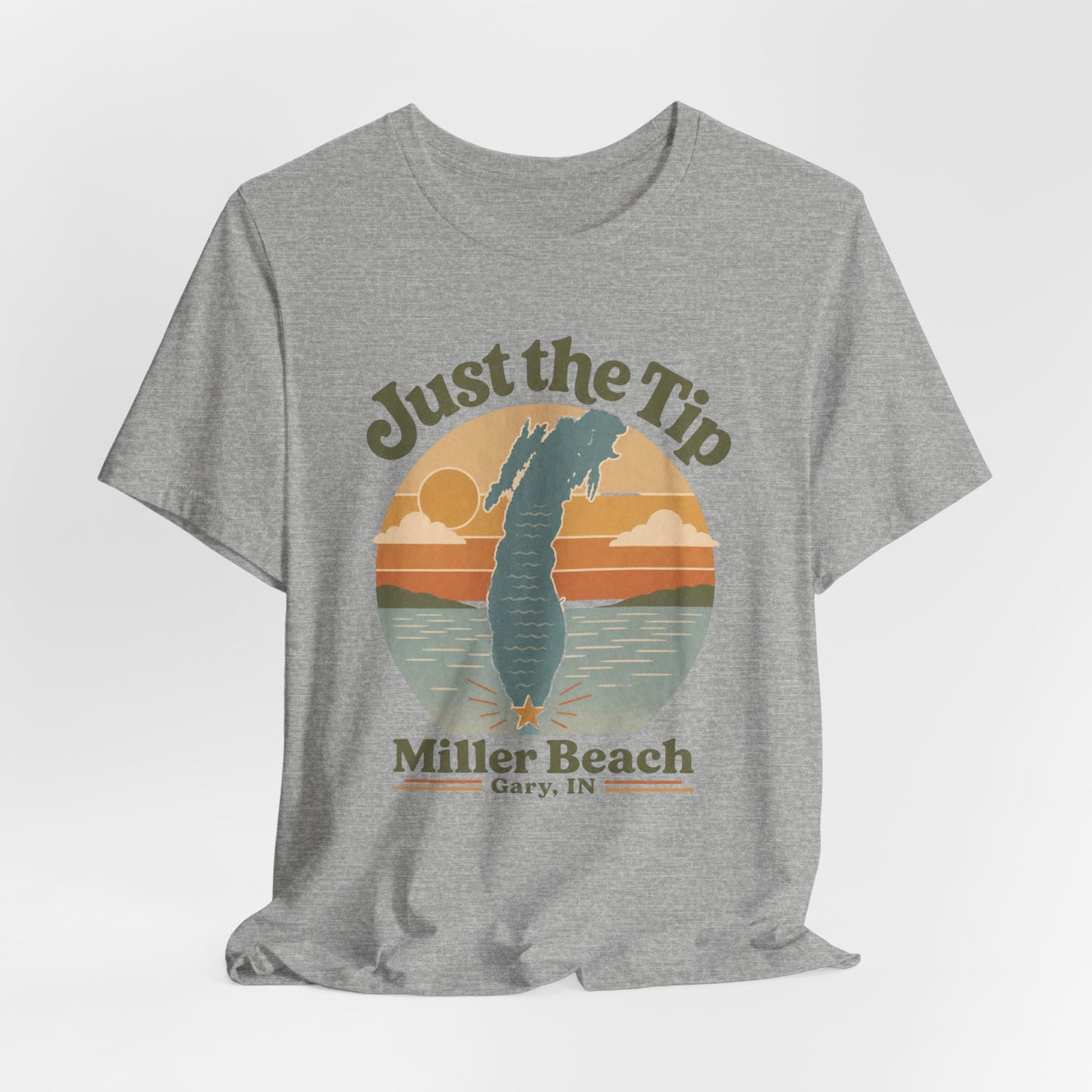 Just the Tip 2026 Design Miller Beach Tee  — Retro Lake Michigan Sunset T‑Shirt