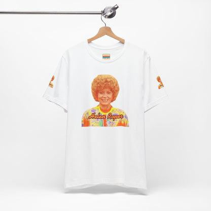 A lavender-colored Helen (Mrs.) Roper Three's Company - Unisex Jersey Short Sleeve Tee by Printify is hanging on a wooden hanger against a white background. This T-shirt features an image of a smiling person with curly hair wearing a colorful blouse, with the text "Helen Roper" underneath the image. Both sleeves have identical designs, making it perfect Three's Company merchandise.