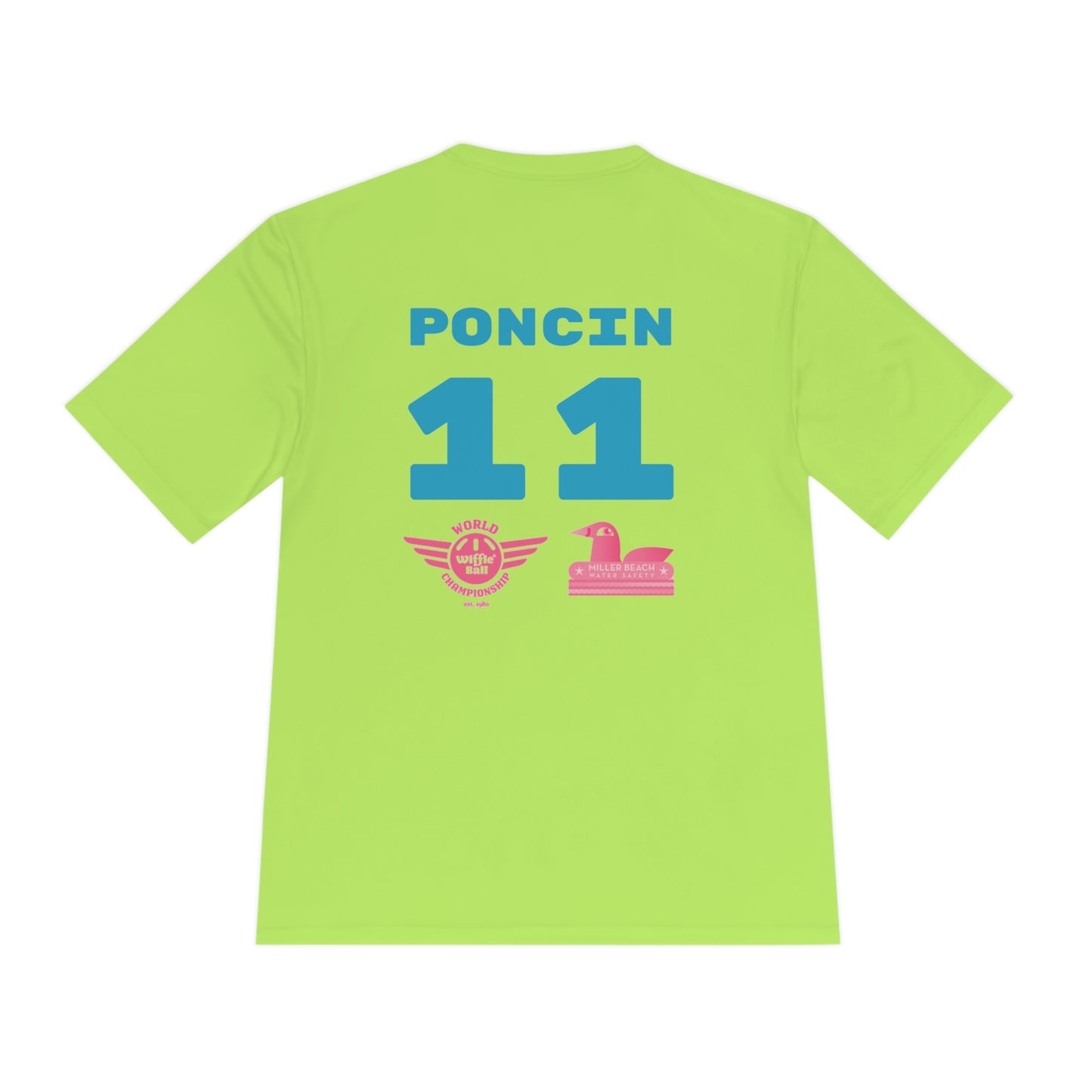 The Miller Beach Flamingos - Poncin 11 Unisex Moisture Wicking Tee by Printify features a beige shirt with "Miller Beach" in pink script, accompanied by a small illustration of a flamingo and volleyball. Below this design, the word "FLAMINGOS" is displayed in pink, with the number "11" appearing in blue near the bottom. Made from Sport-Tek PosiCharge Competitor Tee fabric, this custom moisture-wicking shirt ensures you stay cool and stylish.