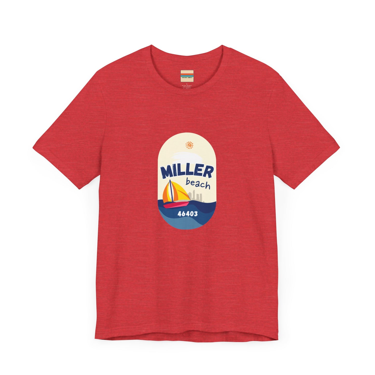 The Miller Beach Sailboat - Unisex Jersey Short Sleeve Tee by Printify features a vibrant graphic design portraying a sailboat on water with a sun above it and the text "MILLER beach 46403." This white retail fit shirt is crafted from soft Airlume combed cotton and showcases rounded graphics in blue, orange, and yellow.