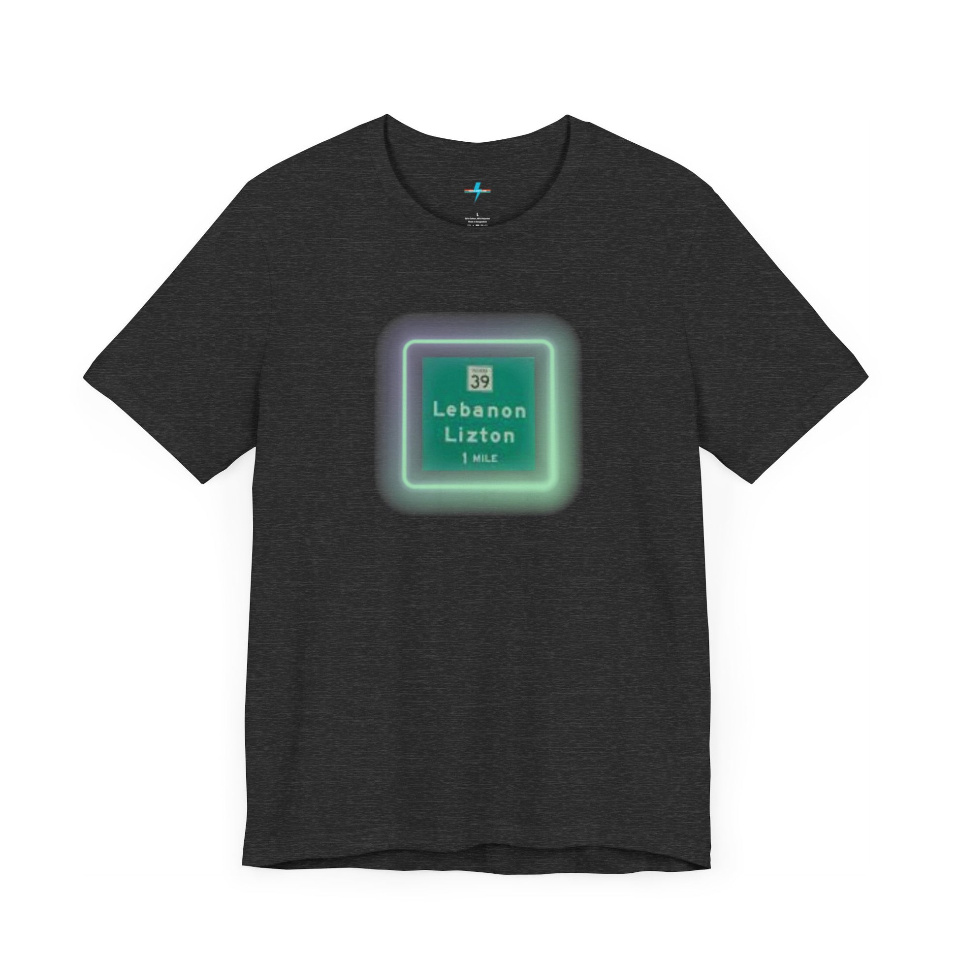 Introducing "The Lebanon Loop - Indiana" unisex jersey short sleeve tee by Printify. This green t-shirt features a graphic of a road sign displaying "39 Lebanon Lizton 1 MILE" within a slightly glowing square frame. It's crafted from 100% Airlume cotton and photographed flat on a white background.