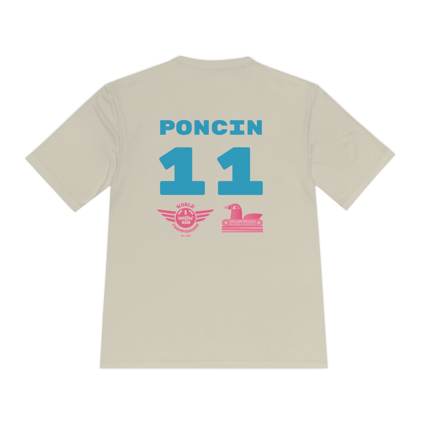 The Miller Beach Flamingos - Poncin 11 Unisex Moisture Wicking Tee by Printify features a beige shirt with "Miller Beach" in pink script, accompanied by a small illustration of a flamingo and volleyball. Below this design, the word "FLAMINGOS" is displayed in pink, with the number "11" appearing in blue near the bottom. Made from Sport-Tek PosiCharge Competitor Tee fabric, this custom moisture-wicking shirt ensures you stay cool and stylish.