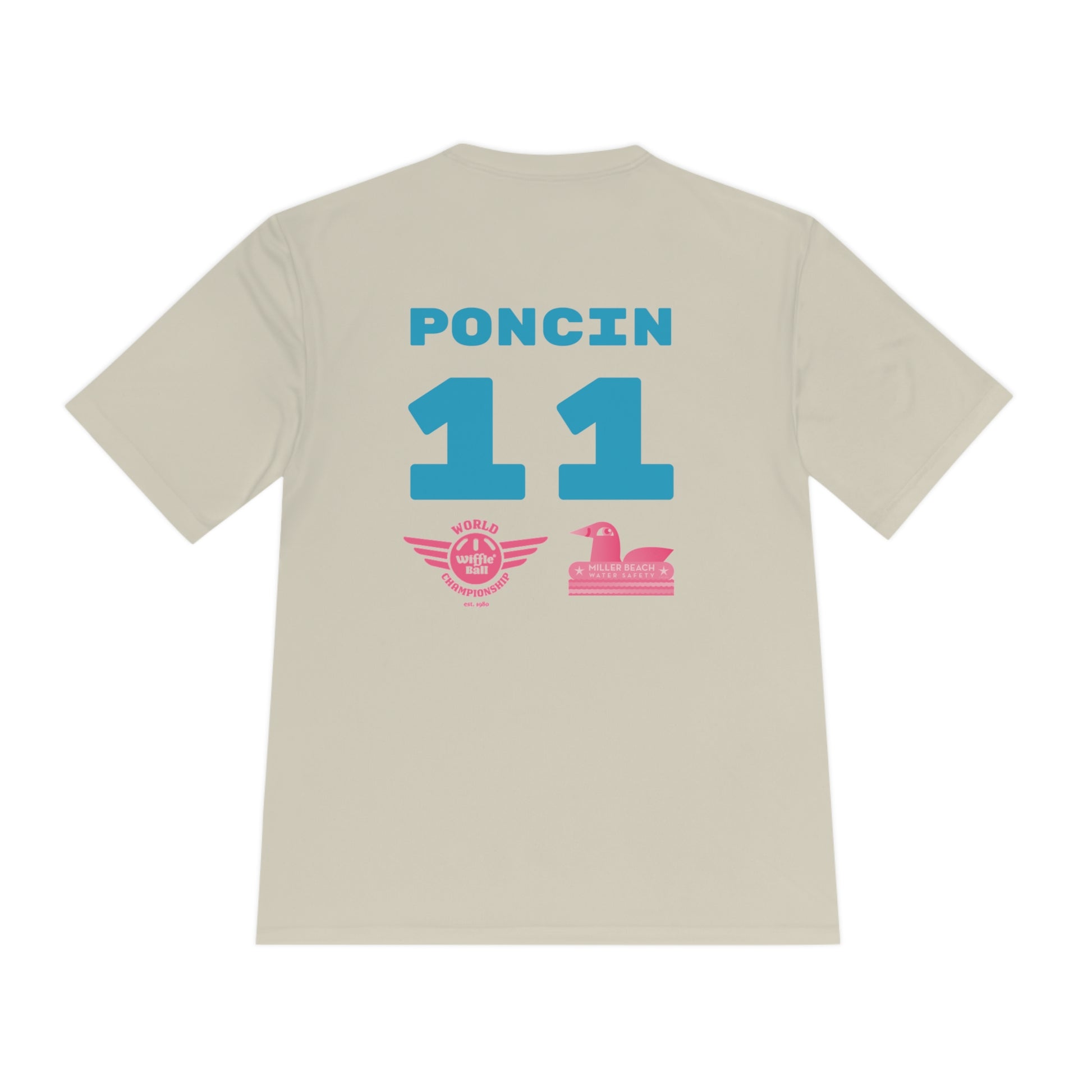 The Miller Beach Flamingos - Poncin 11 Unisex Moisture Wicking Tee by Printify features a beige shirt with "Miller Beach" in pink script, accompanied by a small illustration of a flamingo and volleyball. Below this design, the word "FLAMINGOS" is displayed in pink, with the number "11" appearing in blue near the bottom. Made from Sport-Tek PosiCharge Competitor Tee fabric, this custom moisture-wicking shirt ensures you stay cool and stylish.