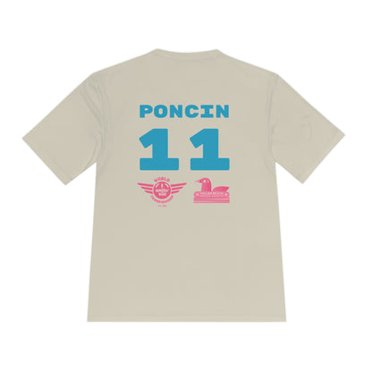 The Miller Beach Flamingos - Poncin 11 Unisex Moisture Wicking Tee by Printify features a beige shirt with "Miller Beach" in pink script, accompanied by a small illustration of a flamingo and volleyball. Below this design, the word "FLAMINGOS" is displayed in pink, with the number "11" appearing in blue near the bottom. Made from Sport-Tek PosiCharge Competitor Tee fabric, this custom moisture-wicking shirt ensures you stay cool and stylish.