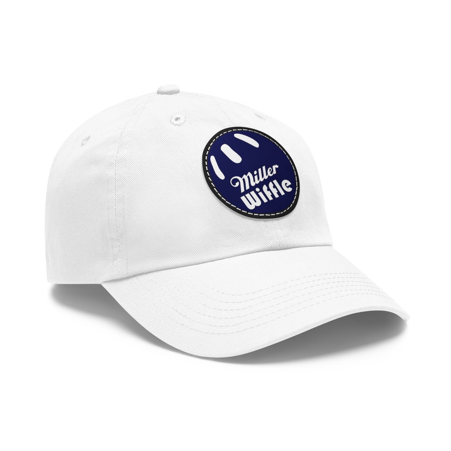 A gray dad hat by Printify, crafted from bio-washed chino twill, featuring a circular blue and white leather patch on the front. The patch showcases a baseball design with "Miller Wiffle" written in cursive font.