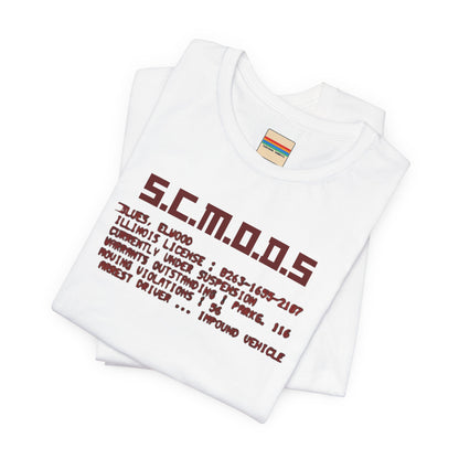 Two yellow "S.C.M.O.D.S. Blues Brother's - Unisex Jersey Short Sleeve Tee" shirts from Printify, featuring "S.C.M.O.D.S" in bold, stylized letters along with smaller text detailing terms like "Illinois," "license," and "impound vehicle." Perfect for fans of The Blues Brothers and Jake and Elwood Blues, the T-shirts are neatly folded and stacked.