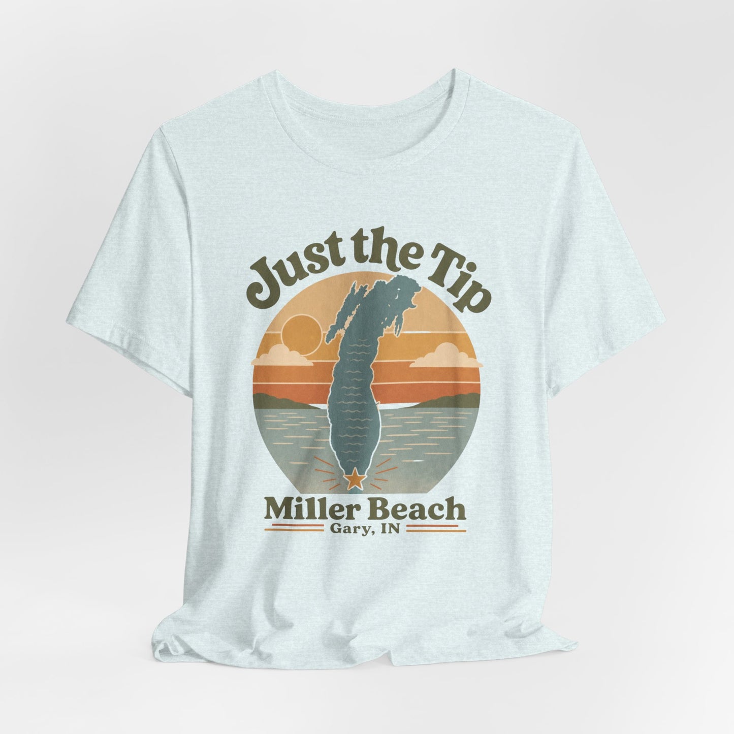 Just the Tip 2026 Design Miller Beach Tee  — Retro Lake Michigan Sunset T‑Shirt