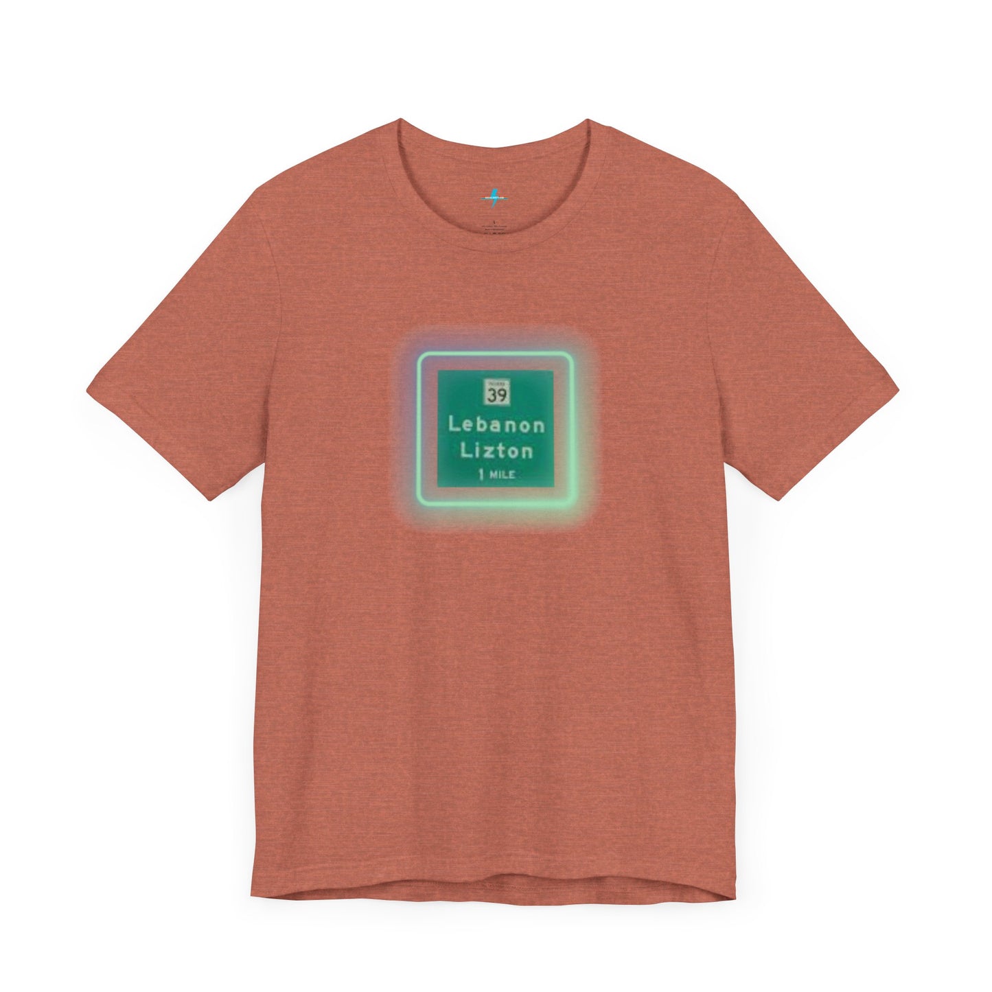 Introducing "The Lebanon Loop - Indiana" unisex jersey short sleeve tee by Printify. This green t-shirt features a graphic of a road sign displaying "39 Lebanon Lizton 1 MILE" within a slightly glowing square frame. It's crafted from 100% Airlume cotton and photographed flat on a white background.