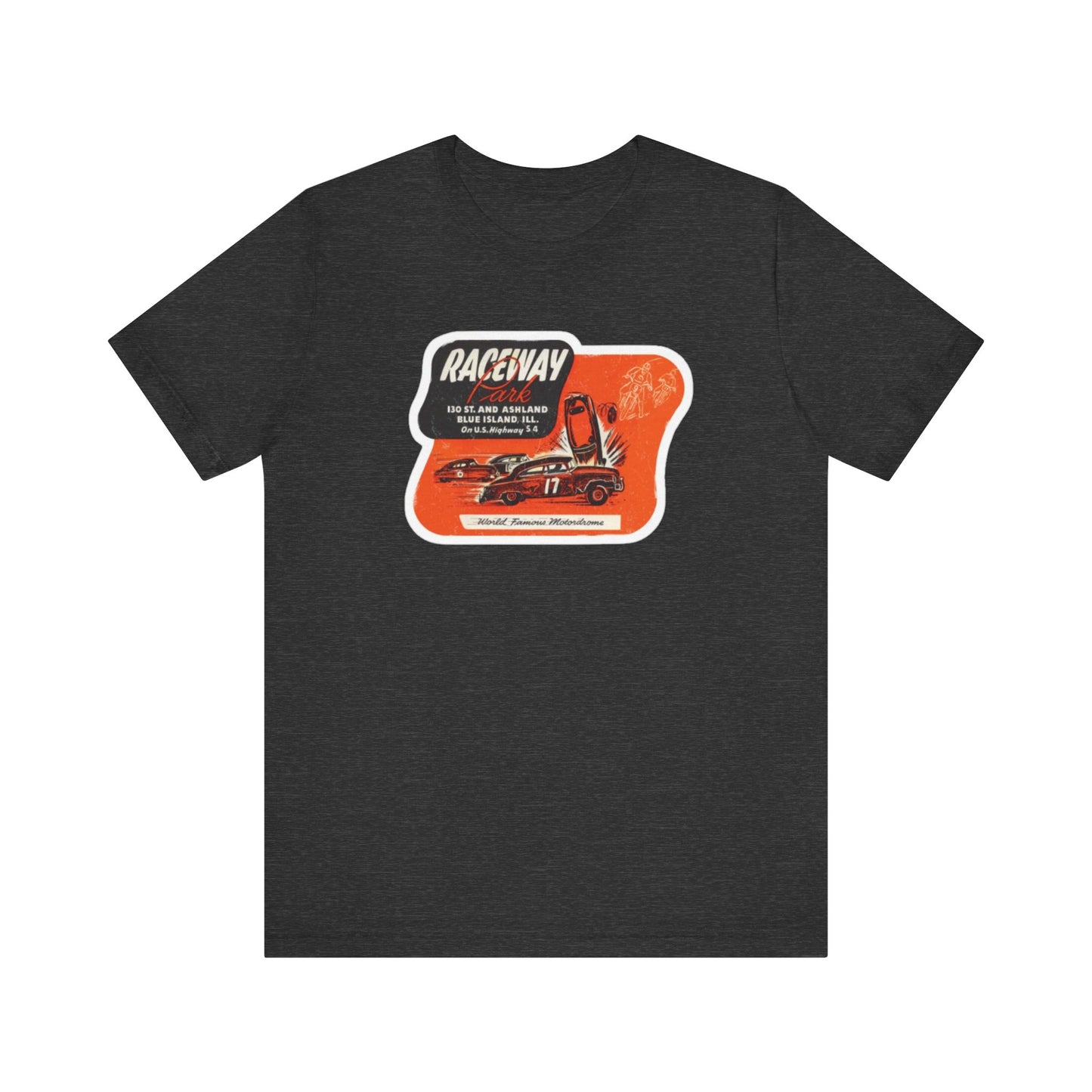 The 1970's Raceway Park - Blue Island, IL - Unisex Jersey Short Sleeve Tee by Printify is a light gray T-shirt featuring a graphic with a red background, an illustration of a race car labeled "17," and text reading "RACEWAY" and "As Seen On." The vintage-inspired design offers a nostalgic nod to classic car enthusiasts, reminiscent of the '70s racing era. The shirt is displayed against a plain background.