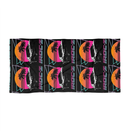 Introducing the luxurious Chevrolet 1980s Camaro Iroc Z Z28 - Beach Towel by Printify. This beach towel boasts a stunning repeating pattern of retro-style designs, featuring a car, palm trees, a vibrant orange sun, and an array of geometric shapes in pink, blue, and green. The word "BEACH" is stylishly written vertically on the side in eye-catching neon colors.