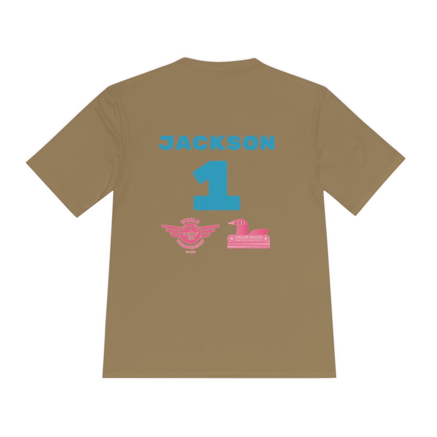 Introducing the "Miller Beach Flamingos - Jackson 01" Unisex Moisture Wicking Tee by Printify. This beige T-shirt showcases "Miller Beach" in a pink cursive font accompanied by a small pink flamingo illustration. Below, "FLAMINGOS" is displayed in bold pink capital letters, with a blue "01" on the bottom right corner. As part of the Sport-Tek PosiCharge Competitor collection, this lightweight shirt provides superior moisture-wicking performance.