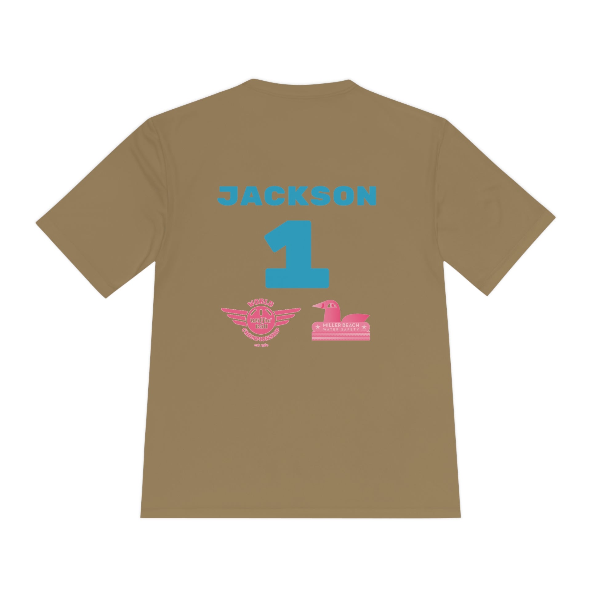 Introducing the "Miller Beach Flamingos - Jackson 01" Unisex Moisture Wicking Tee by Printify. This beige T-shirt showcases "Miller Beach" in a pink cursive font accompanied by a small pink flamingo illustration. Below, "FLAMINGOS" is displayed in bold pink capital letters, with a blue "01" on the bottom right corner. As part of the Sport-Tek PosiCharge Competitor collection, this lightweight shirt provides superior moisture-wicking performance.