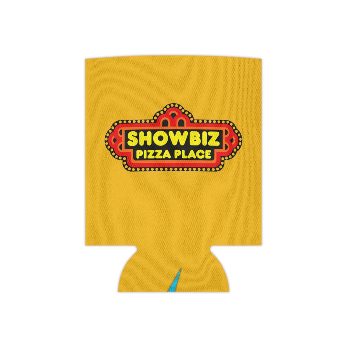 A retro-inspired koozie from Printify, named "Showbiz Pizza Place - Koozie," showcases a bold "Showbiz Pizza Place" logo with a red and black marquee design on a yellow background. The bottom features a small blue logo for "socoolshirts.com.