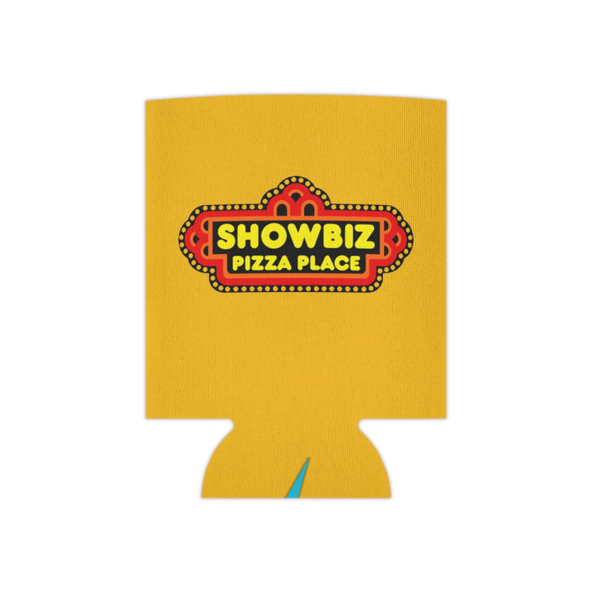 A retro-inspired koozie from Printify, named "Showbiz Pizza Place - Koozie," showcases a bold "Showbiz Pizza Place" logo with a red and black marquee design on a yellow background. The bottom features a small blue logo for "socoolshirts.com.