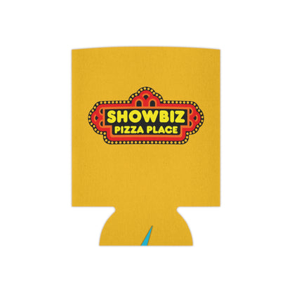 A retro-inspired koozie from Printify, named "Showbiz Pizza Place - Koozie," showcases a bold "Showbiz Pizza Place" logo with a red and black marquee design on a yellow background. The bottom features a small blue logo for "socoolshirts.com.