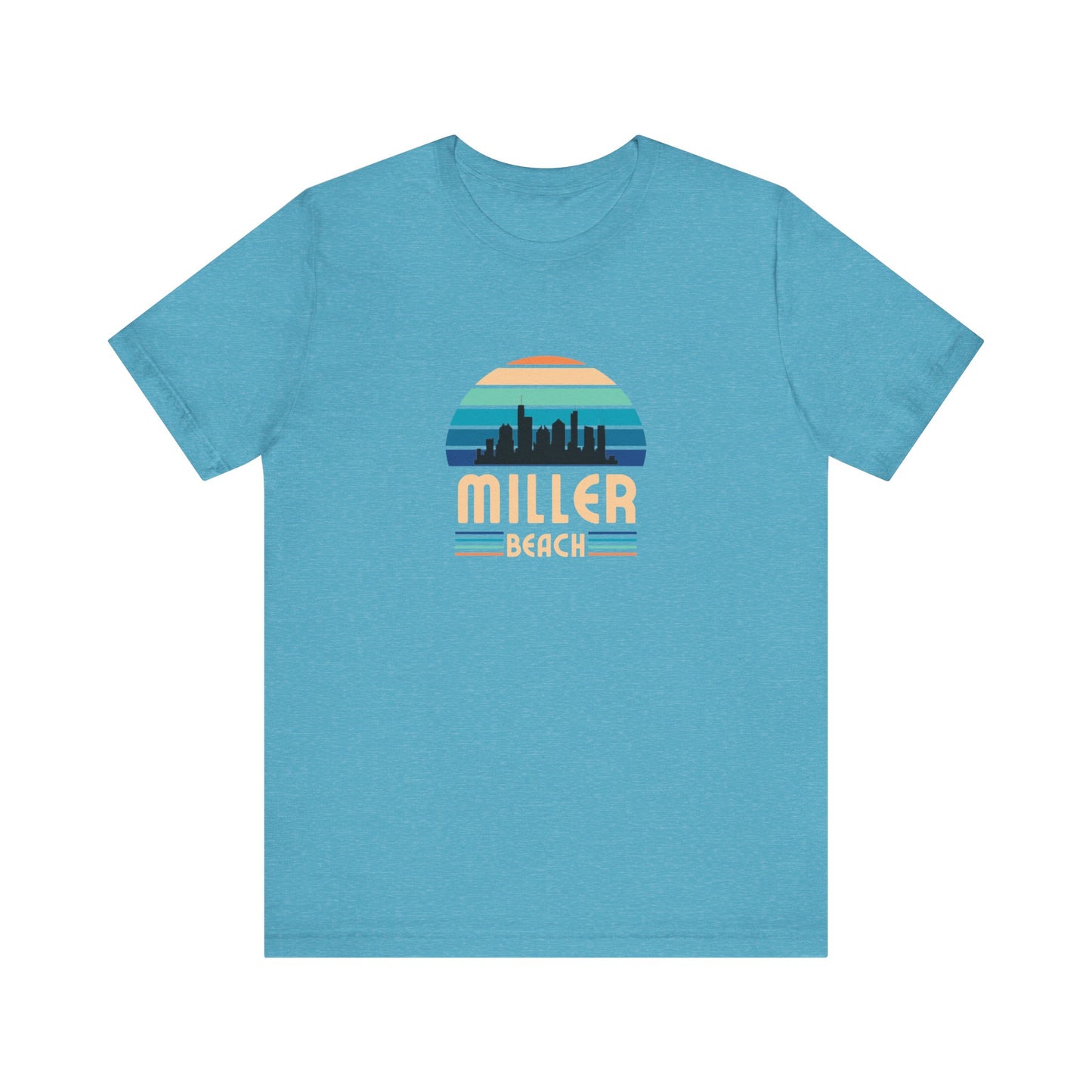 The Printify Miller Beach Chicago Skyline - Unisex Jersey Short Sleeve Tee is a light blue T-shirt featuring a stylized graphic of the Chicago skyline against a setting sun with gradient shades of blue and orange. Below the graphic, "Miller Beach" is printed in bold, yellow letters.