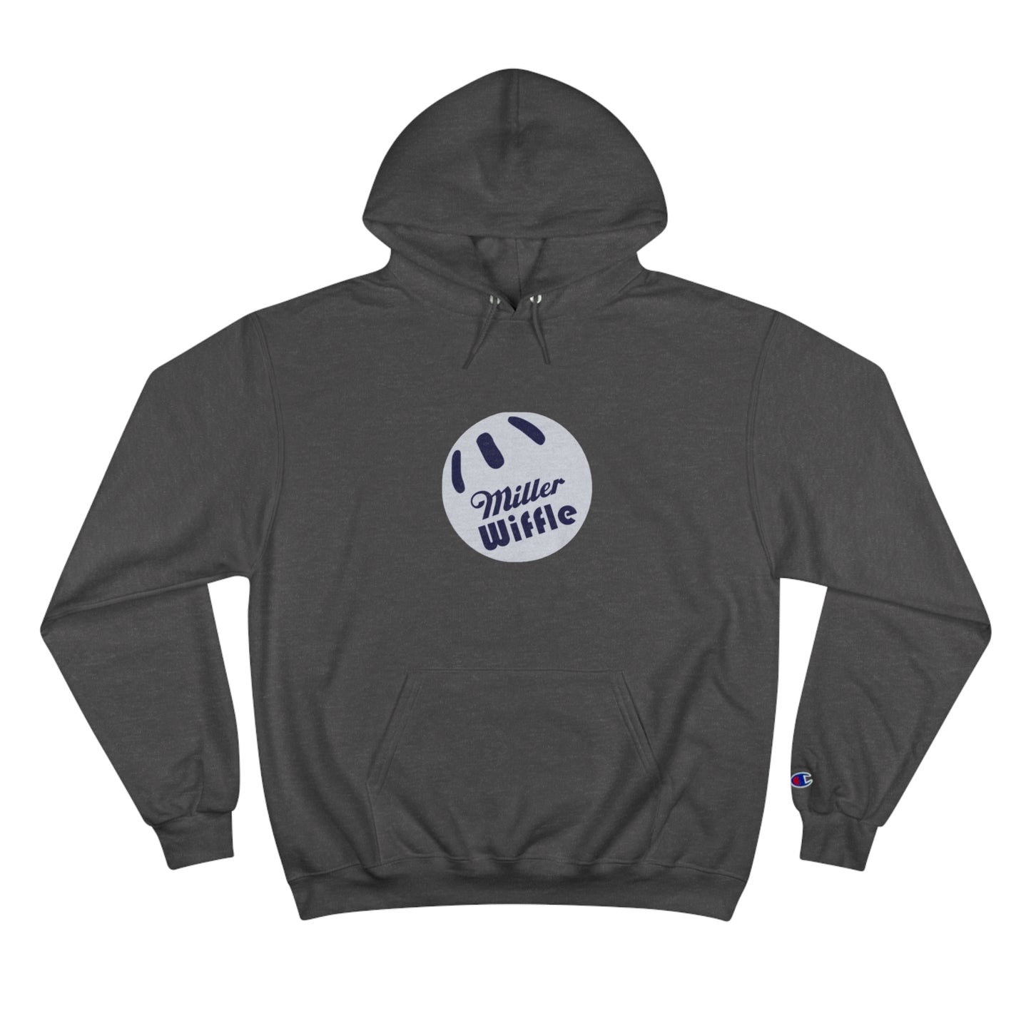 A navy blue Printify Miller Beach Wiffle Ball OG Logo - Sweatshirt, featuring a white wiffle ball graphic on the chest with "Miller Wiffle" in blue beneath it. Made from recycled polyester, this hoodie includes a front pocket, drawstrings, and the Champion logo on the left sleeve. It also offers Double Dry® technology for added comfort.