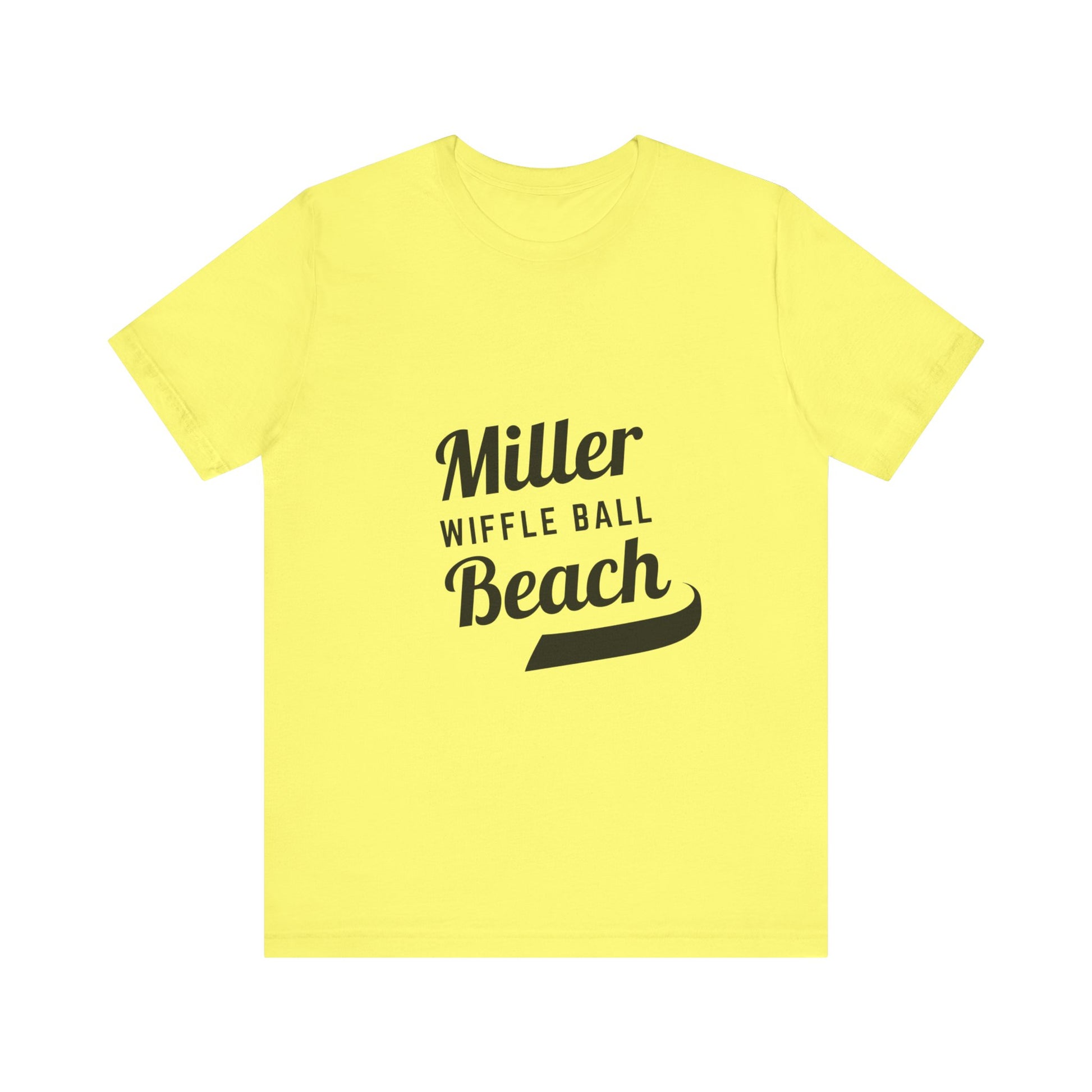 A light blue, soft cotton t-shirt with the text "Miller Beach Wiffel Ball" printed in black on the front. The design features a stylized, curved underline beneath the word "Beach," giving the text a dynamic appearance. This unisex jersey offers a comfortable retail fit for all. Product Name: Miller Beach Wiffel Ball - Unisex Jersey Short Sleeve Tee Retro Logo by Printify.