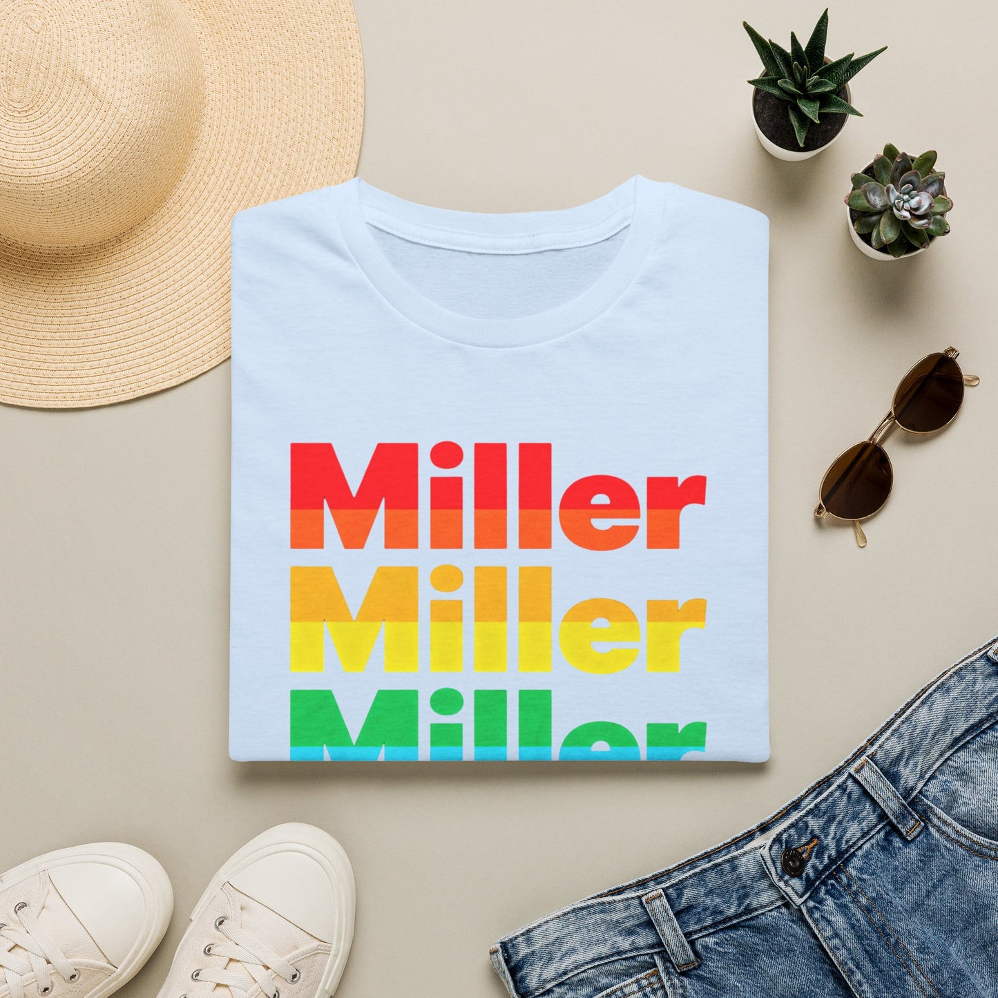 Miller Beach Rainbow Retro Tee — Vintage Stack Name Pride T-Shirt