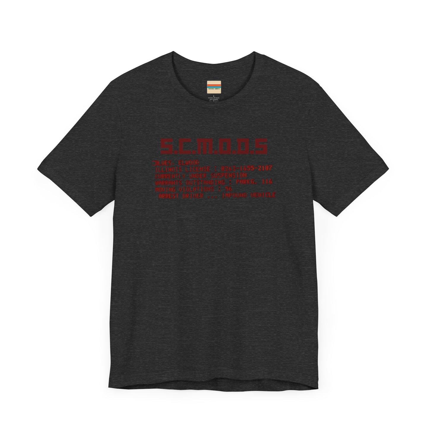 Two yellow "S.C.M.O.D.S. Blues Brother's - Unisex Jersey Short Sleeve Tee" shirts from Printify, featuring "S.C.M.O.D.S" in bold, stylized letters along with smaller text detailing terms like "Illinois," "license," and "impound vehicle." Perfect for fans of The Blues Brothers and Jake and Elwood Blues, the T-shirts are neatly folded and stacked.