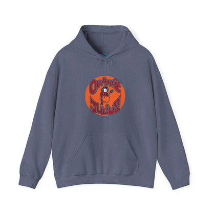 A light blue Orange Julius - Retro 1980s Hoodie by Printify, featuring a front pocket and hood. This nostalgic piece of clothing showcases a large, circular logo in orange and red at the center, depicting an illustrated character from 1980s mall culture.