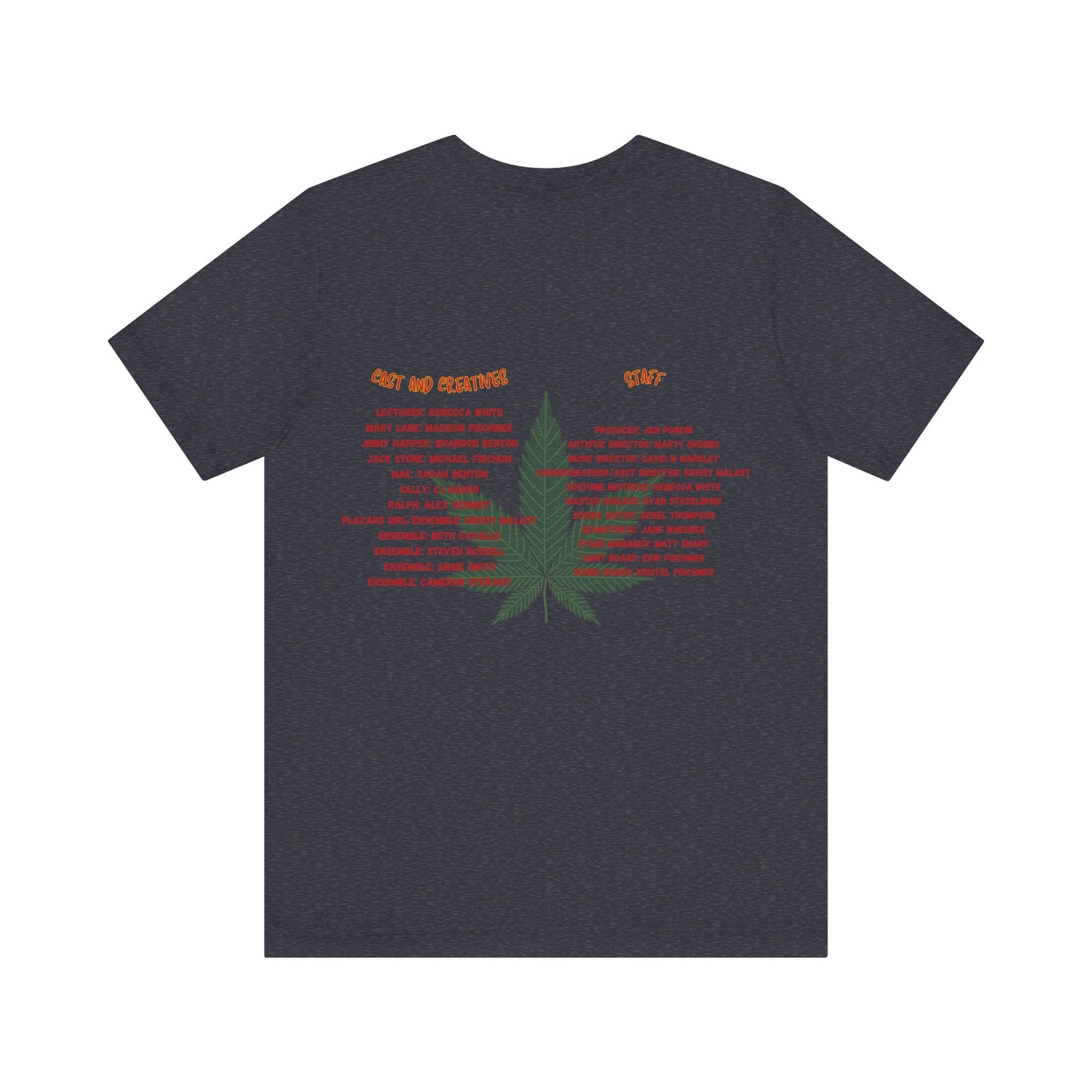 The Miller Community Theatre - Reefer Madness Cast and Crew Shirt by Printify showcases a vibrant design featuring bold, colorful text that reads "Reefer Madness The Musical" with a cartoon joint illustration. Below the main text, "A Miller Community Theatre Joint" is highlighted in red. This limited-edition green t-shirt, with its centered design, is perfect for cast and crew members.