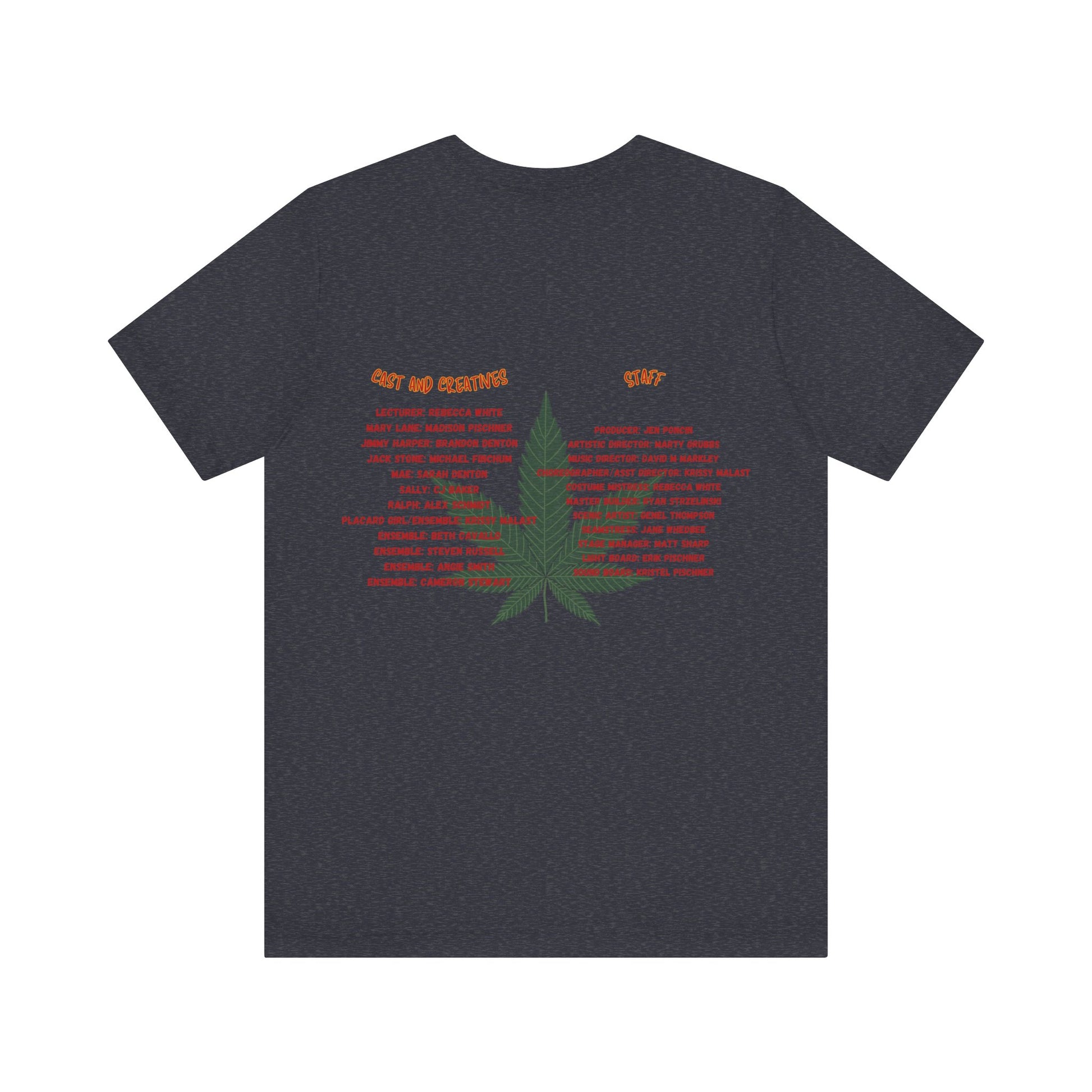 The Miller Community Theatre - Reefer Madness Cast and Crew Shirt by Printify showcases a vibrant design featuring bold, colorful text that reads "Reefer Madness The Musical" with a cartoon joint illustration. Below the main text, "A Miller Community Theatre Joint" is highlighted in red. This limited-edition green t-shirt, with its centered design, is perfect for cast and crew members.