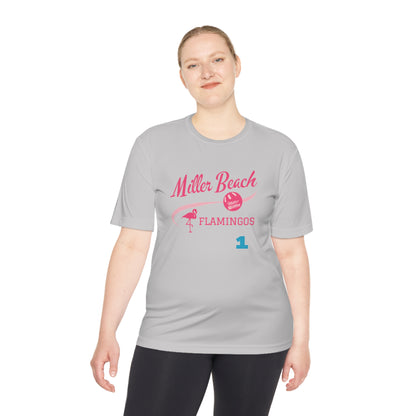 Introducing the "Miller Beach Flamingos - Jackson 01" Unisex Moisture Wicking Tee by Printify. This beige T-shirt showcases "Miller Beach" in a pink cursive font accompanied by a small pink flamingo illustration. Below, "FLAMINGOS" is displayed in bold pink capital letters, with a blue "01" on the bottom right corner. As part of the Sport-Tek PosiCharge Competitor collection, this lightweight shirt provides superior moisture-wicking performance.