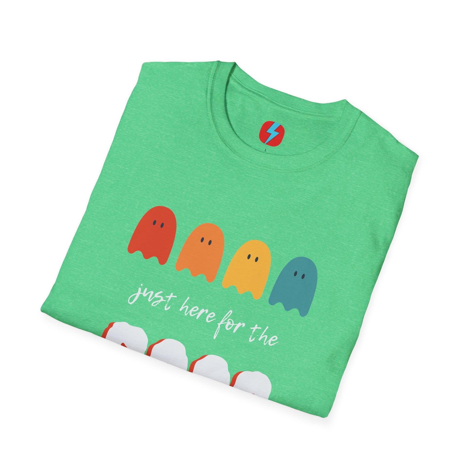 The "Just Here for the Boos - Halloween - Unisex Softstyle T-Shirt" by Printify is a blue, unisex tee with a playful Halloween theme. It features four ghost icons in red, orange, yellow, and green, followed by the text "just here for the BOOS" with "BOOS" styled in a bold and spooky font. Perfect for embracing the spooky season!