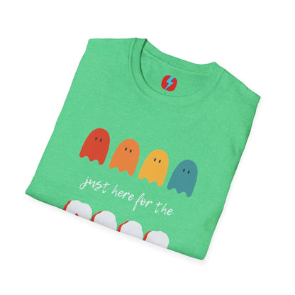 The "Just Here for the Boos - Halloween - Unisex Softstyle T-Shirt" by Printify is a blue, unisex tee with a playful Halloween theme. It features four ghost icons in red, orange, yellow, and green, followed by the text "just here for the BOOS" with "BOOS" styled in a bold and spooky font. Perfect for embracing the spooky season!