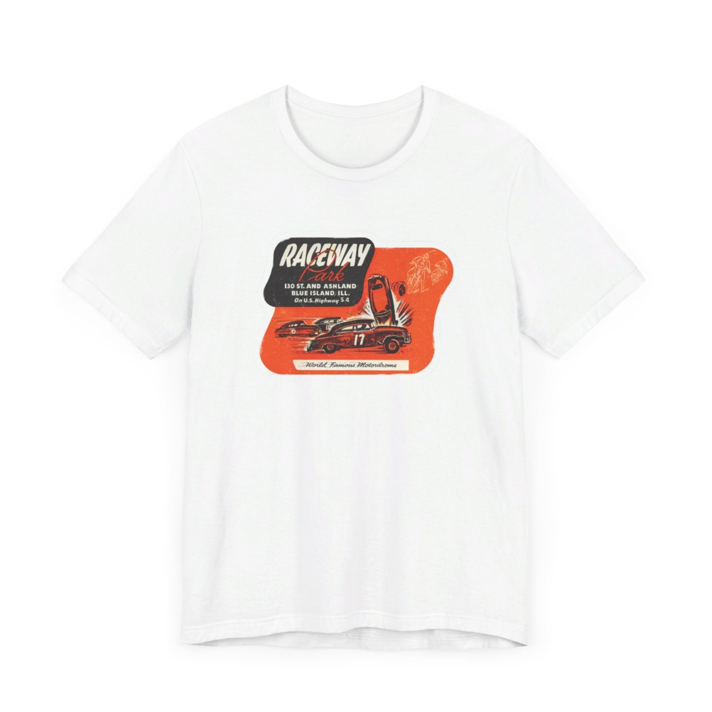 The 1970's Raceway Park - Blue Island, IL - Unisex Jersey Short Sleeve Tee by Printify is a light gray T-shirt featuring a graphic with a red background, an illustration of a race car labeled "17," and text reading "RACEWAY" and "As Seen On." The vintage-inspired design offers a nostalgic nod to classic car enthusiasts, reminiscent of the '70s racing era. The shirt is displayed against a plain background.