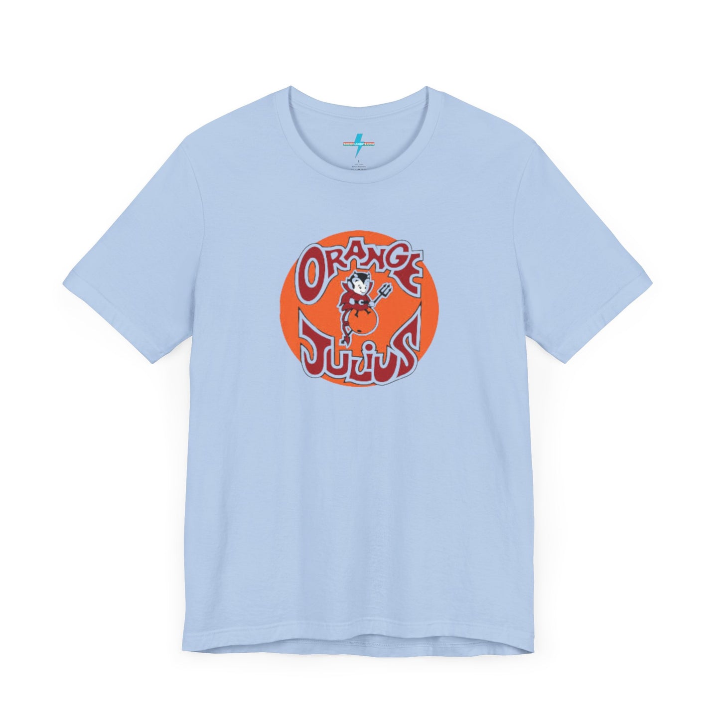 The Orange Julius 1980's Logo Unisex Jersey Style T-Shirt from Printify boasts a light gray color and features a vintage-style graphic. The design showcases the text "Orange Julius" in a stylized font within an orange circle, along with a small cartoon character holding a drink at the center—a nostalgic nod to timeless refreshment.