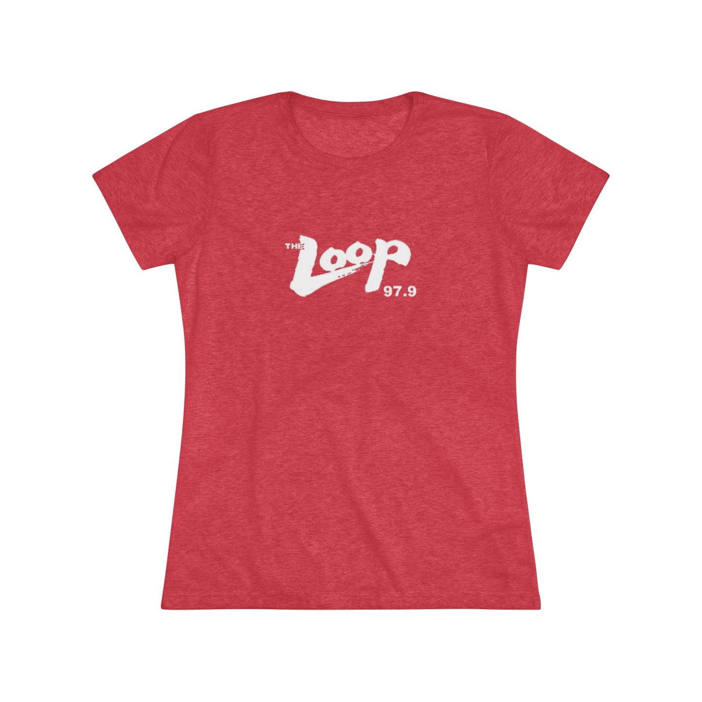 A dark gray, premium tri-blend fabric t-shirt with "The Loop - Chicago Radio 97.9" printed in white text across the chest. The casual, slightly distressed style of the text gives it a vintage look. The classic rock t-shirt is laid flat against a white background. This women's triblend tee by Printify offers a stylish homage to vintage radio days.