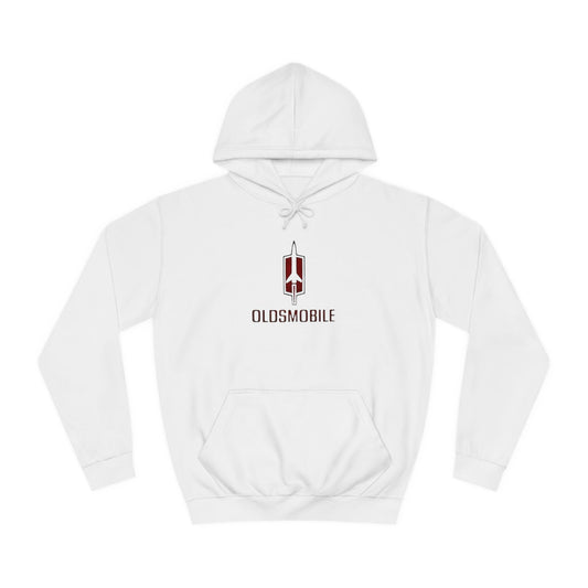 The Oldsmobile 1970s Logo - Unisex College Hoodie by Printify offers a cozy fit in white, featuring a red and black Oldsmobile logo on the front with a stylized rocket above "OLDSMOBILE." It includes a kangaroo pocket and drawstring hood for classic comfort.